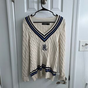 Ralph Lauren Ivory V-Neck Sweater with Stripes